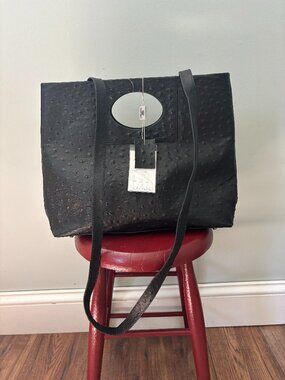 Daniela Moda Black Ostrich Embossed Leather Tote NWT